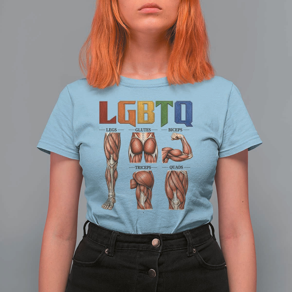 LGBTQ Acronym Funny Fitness Gym Rainbow Muscle Graphic T Shirt For Women Legs Glutes Biceps Triceps Quads