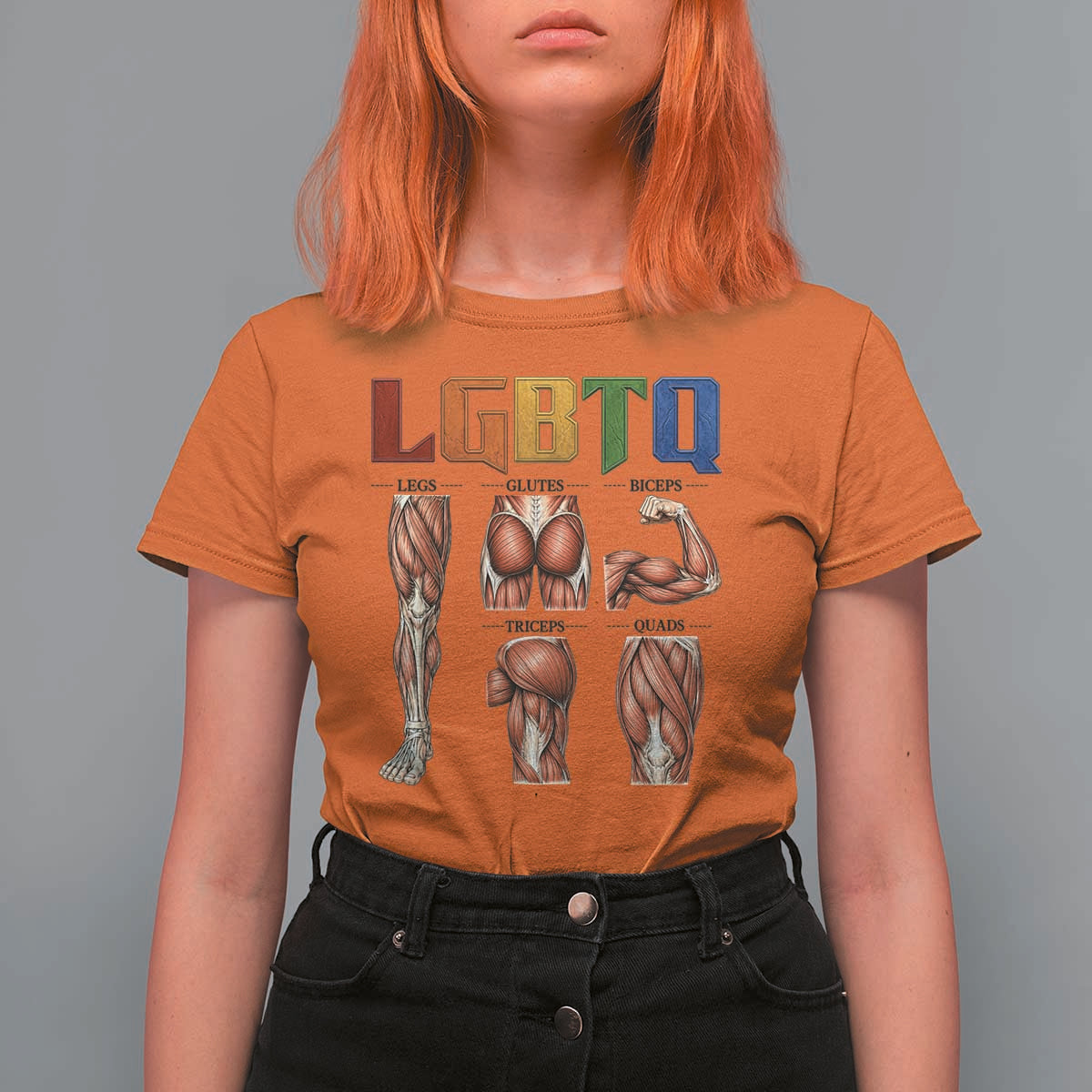 LGBTQ Acronym Funny Fitness Gym Rainbow Muscle Graphic T Shirt For Women Legs Glutes Biceps Triceps Quads