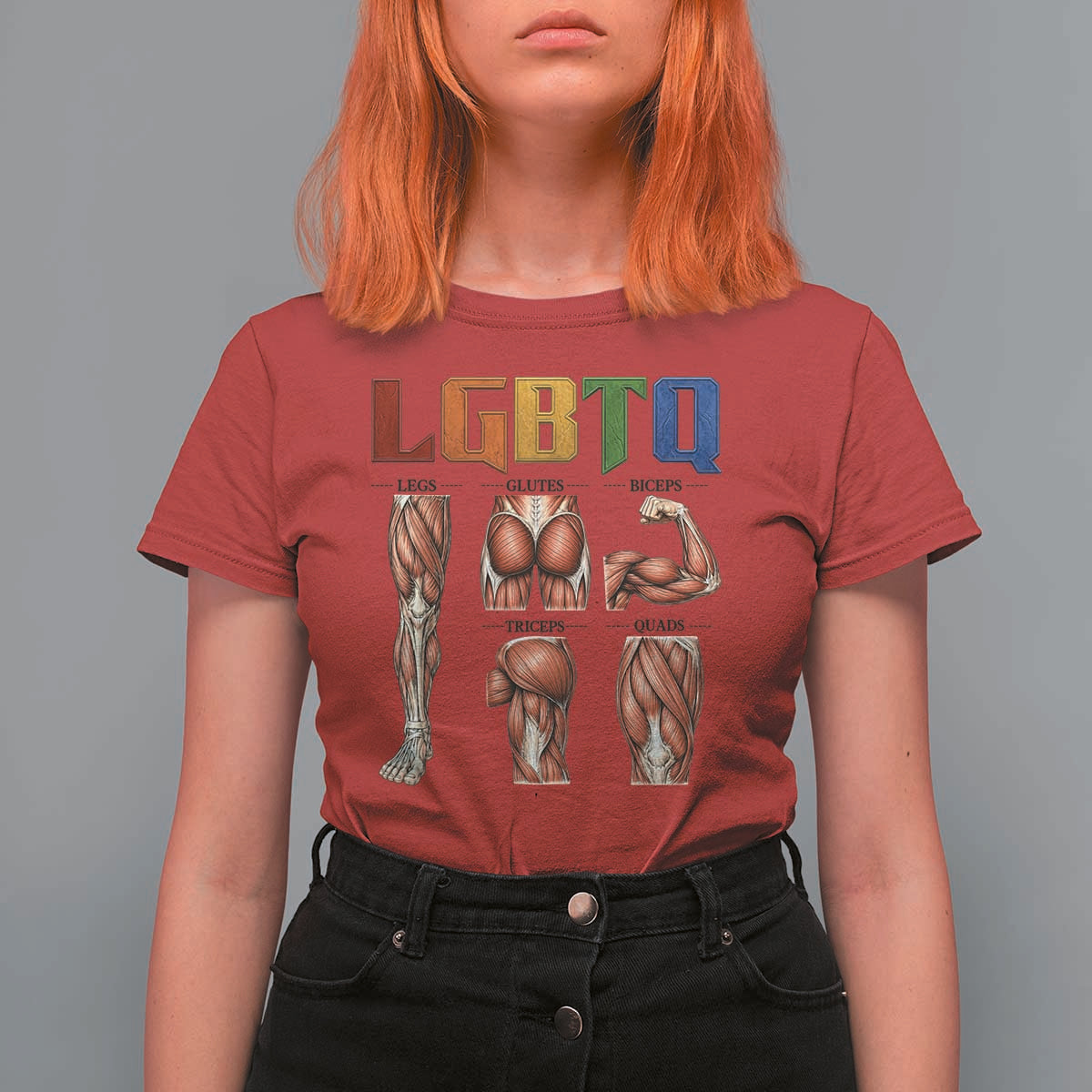 LGBTQ Acronym Funny Fitness Gym Rainbow Muscle Graphic T Shirt For Women Legs Glutes Biceps Triceps Quads