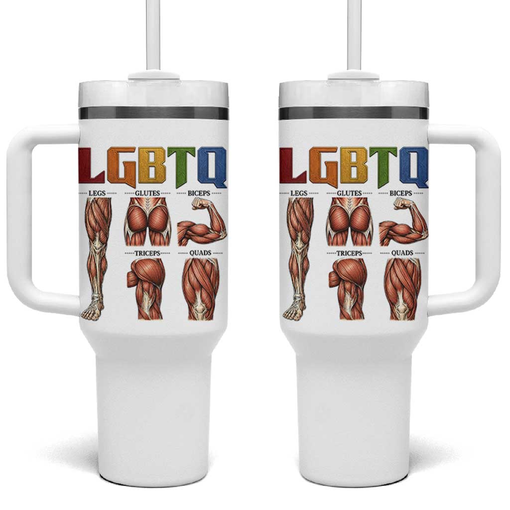 LGBTQ Acronym Funny Fitness Gym Rainbow Muscle Graphic Tumbler With Handle Legs Glutes Biceps Triceps Quads