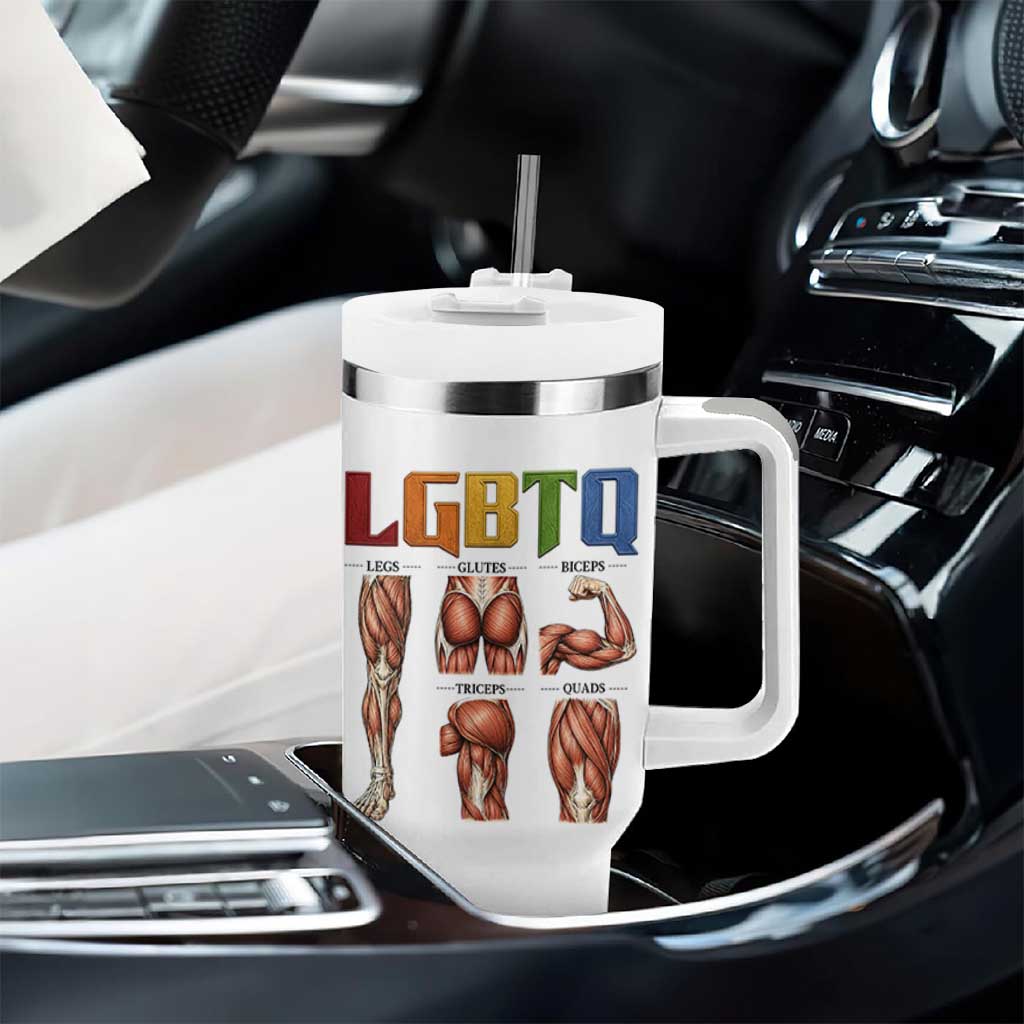 LGBTQ Acronym Funny Fitness Gym Rainbow Muscle Graphic Tumbler With Handle Legs Glutes Biceps Triceps Quads