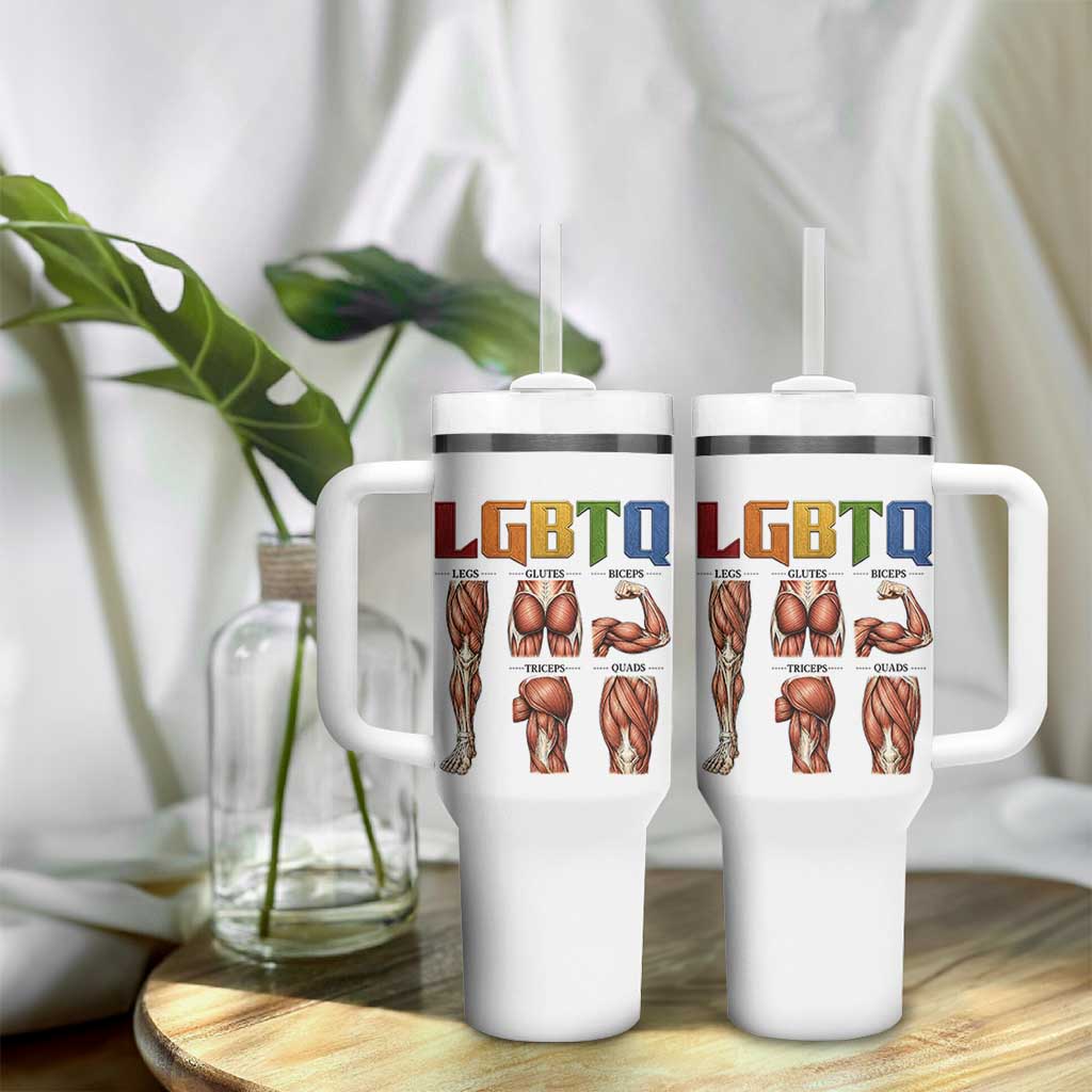 LGBTQ Acronym Funny Fitness Gym Rainbow Muscle Graphic Tumbler With Handle Legs Glutes Biceps Triceps Quads