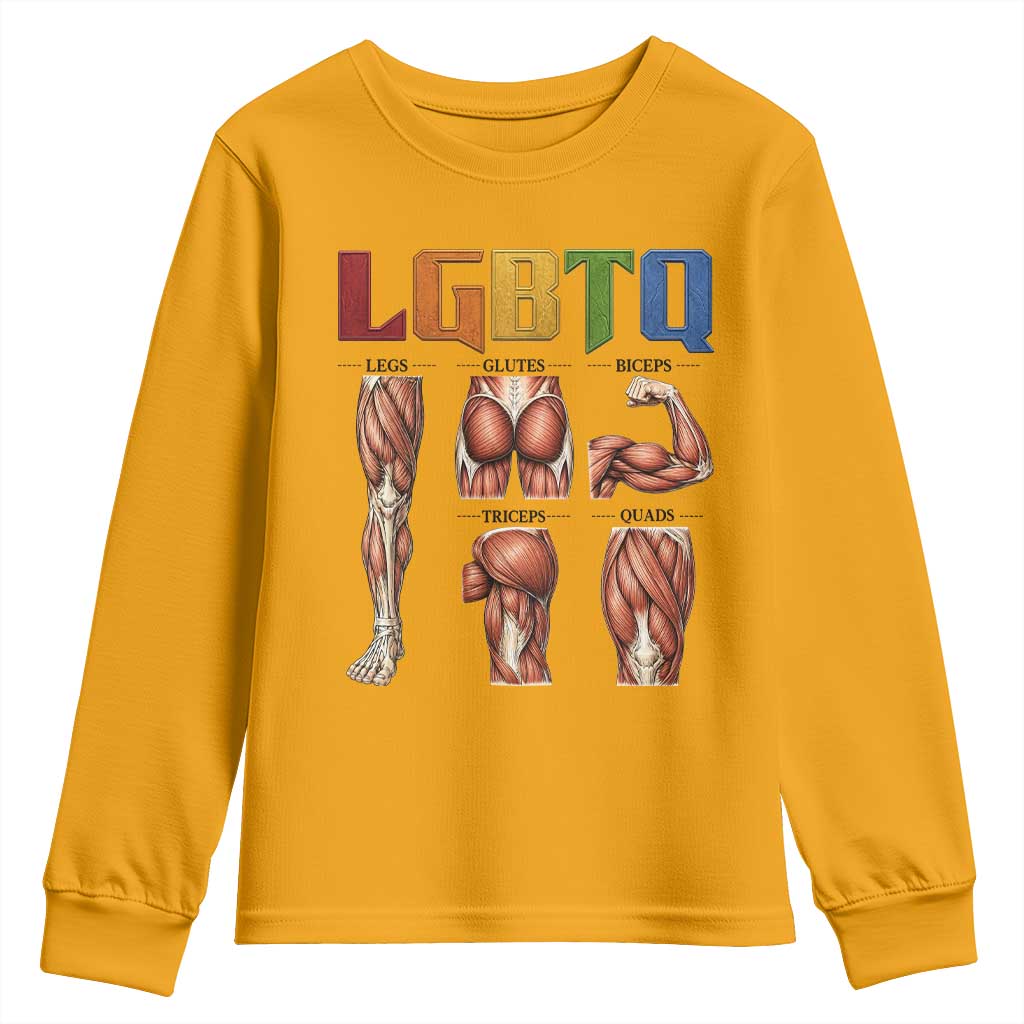 LGBTQ Acronym Funny Fitness Gym Rainbow Muscle Graphic Youth Sweatshirt Legs Glutes Biceps Triceps Quads