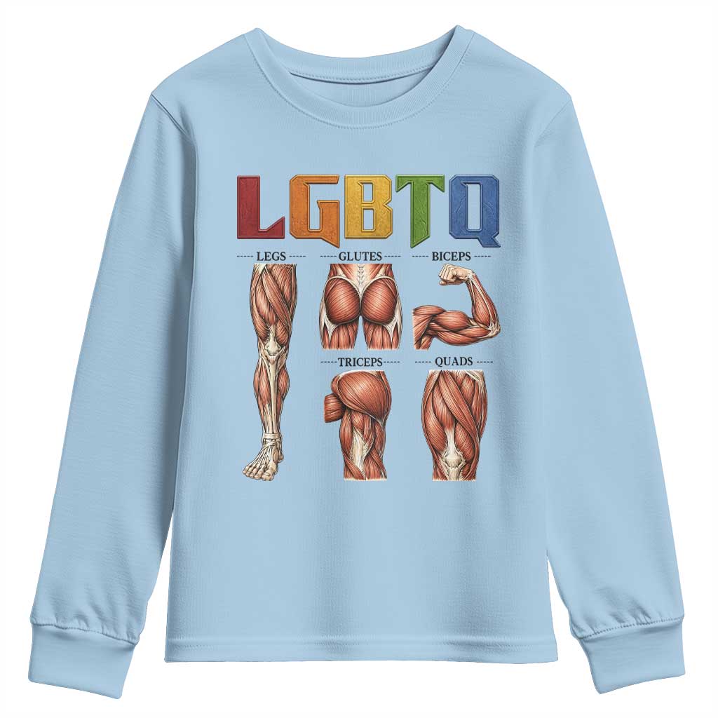 LGBTQ Acronym Funny Fitness Gym Rainbow Muscle Graphic Youth Sweatshirt Legs Glutes Biceps Triceps Quads