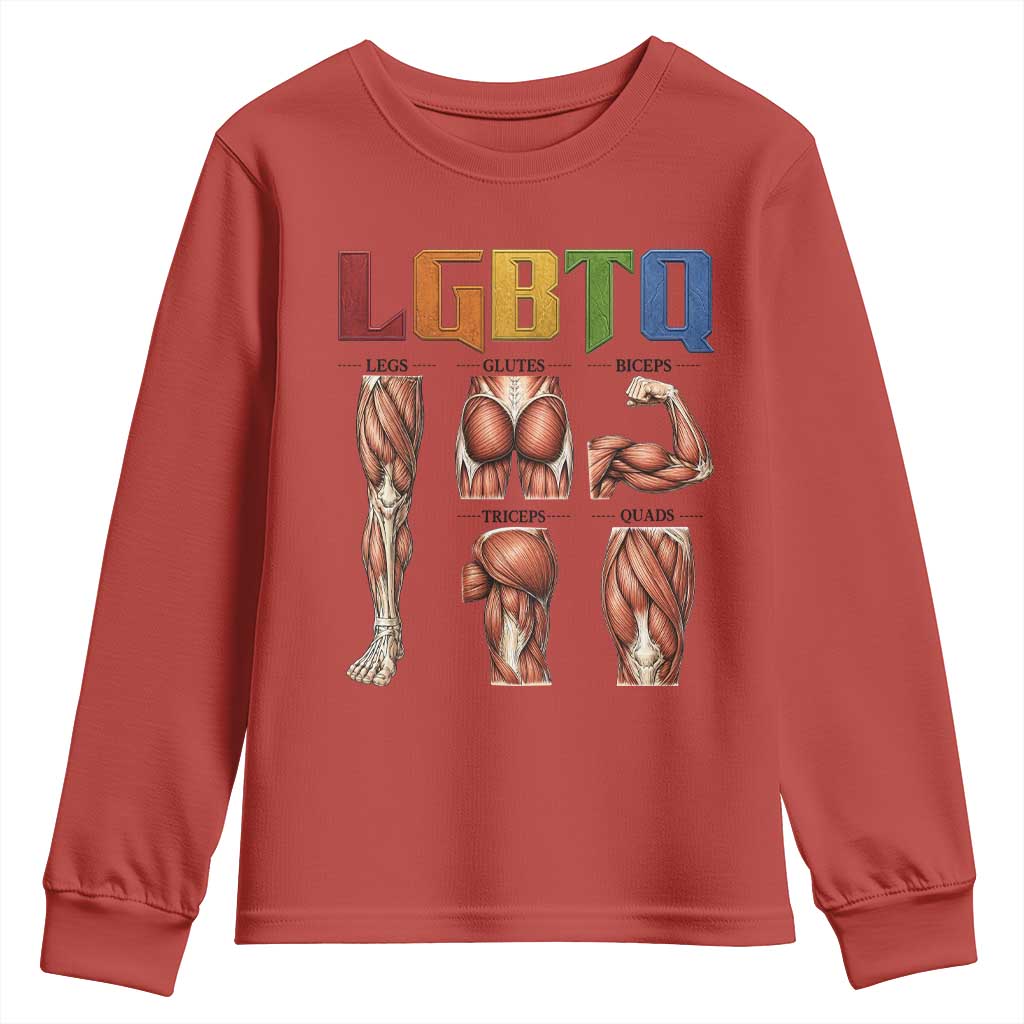 LGBTQ Acronym Funny Fitness Gym Rainbow Muscle Graphic Youth Sweatshirt Legs Glutes Biceps Triceps Quads