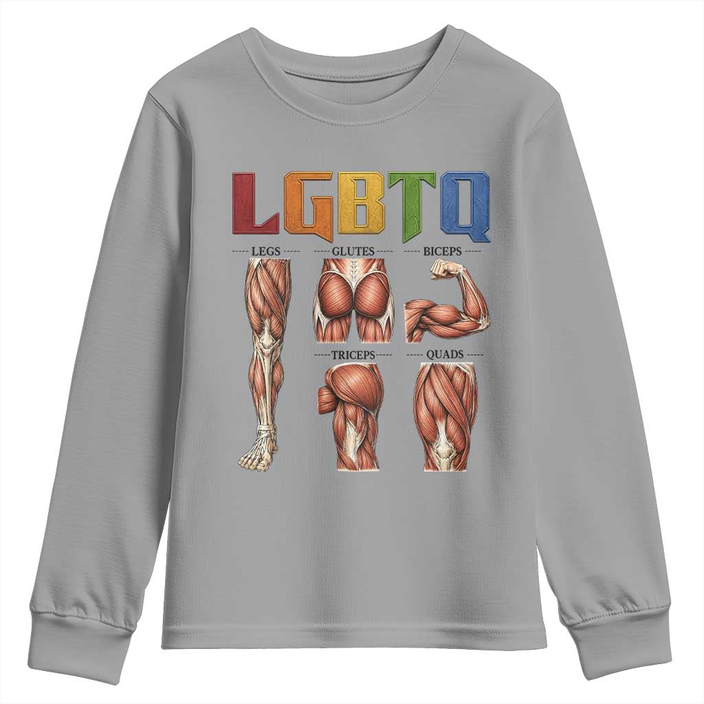 LGBTQ Acronym Funny Fitness Gym Rainbow Muscle Graphic Youth Sweatshirt Legs Glutes Biceps Triceps Quads