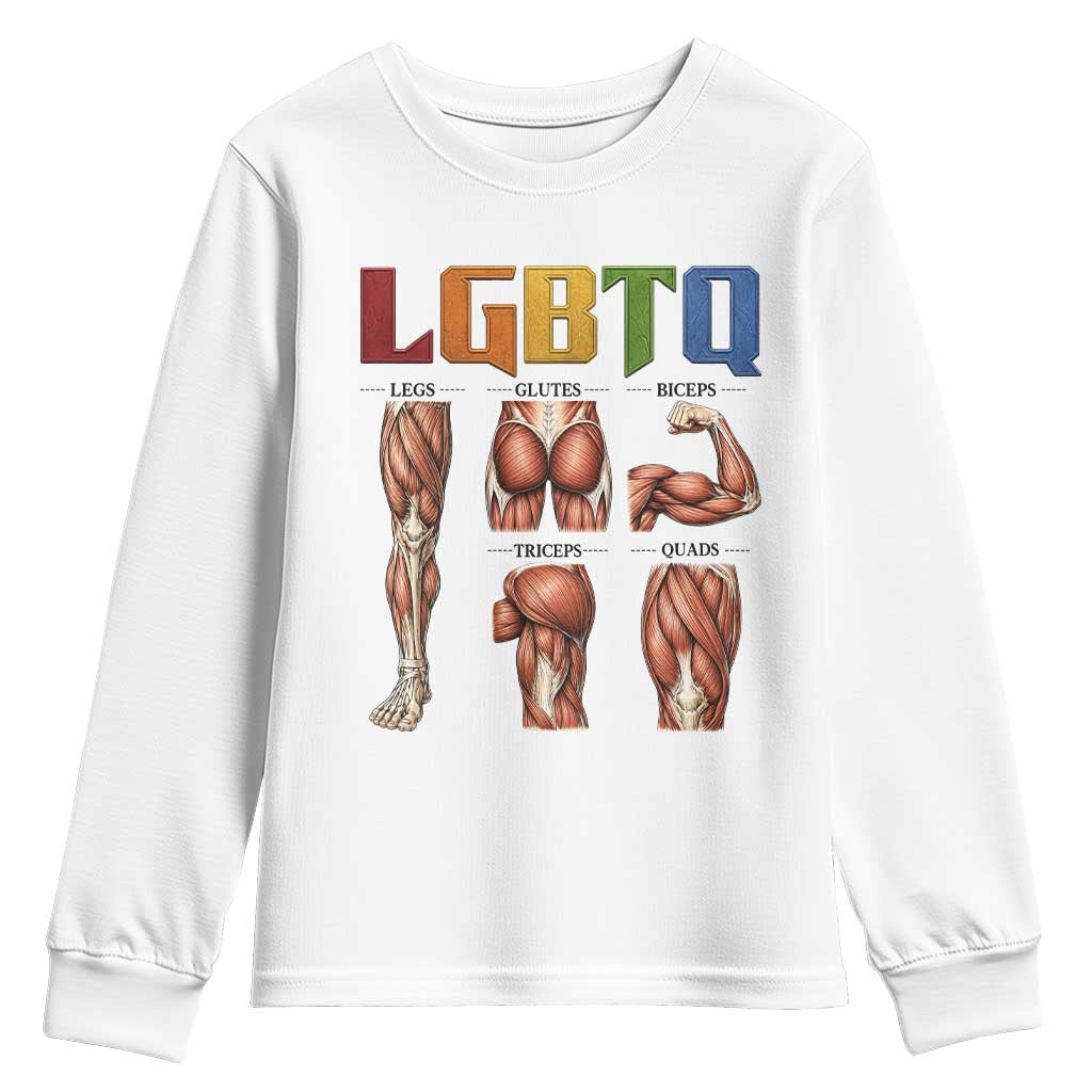 LGBTQ Acronym Funny Fitness Gym Rainbow Muscle Graphic Youth Sweatshirt Legs Glutes Biceps Triceps Quads