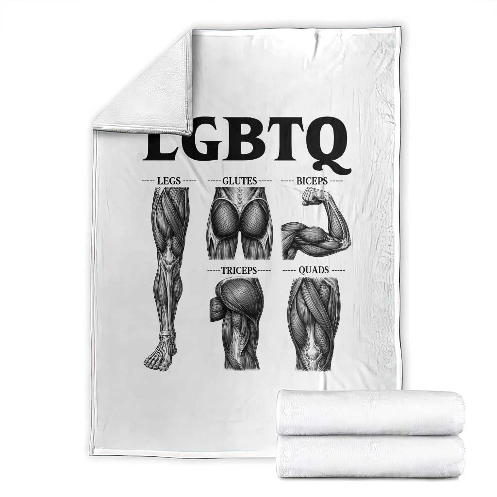 LGBTQ Acronym Funny Fitness Gym Muscle Graphic Throw Blanket Legs Glutes Biceps Triceps Quads