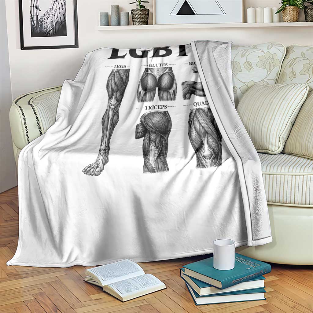 LGBTQ Acronym Funny Fitness Gym Muscle Graphic Throw Blanket Legs Glutes Biceps Triceps Quads