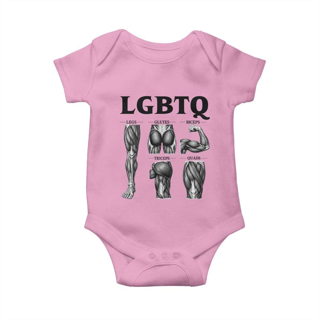 LGBTQ Acronym Funny Fitness Gym Muscle Graphic Baby Onesie Legs Glutes Biceps Triceps Quads
