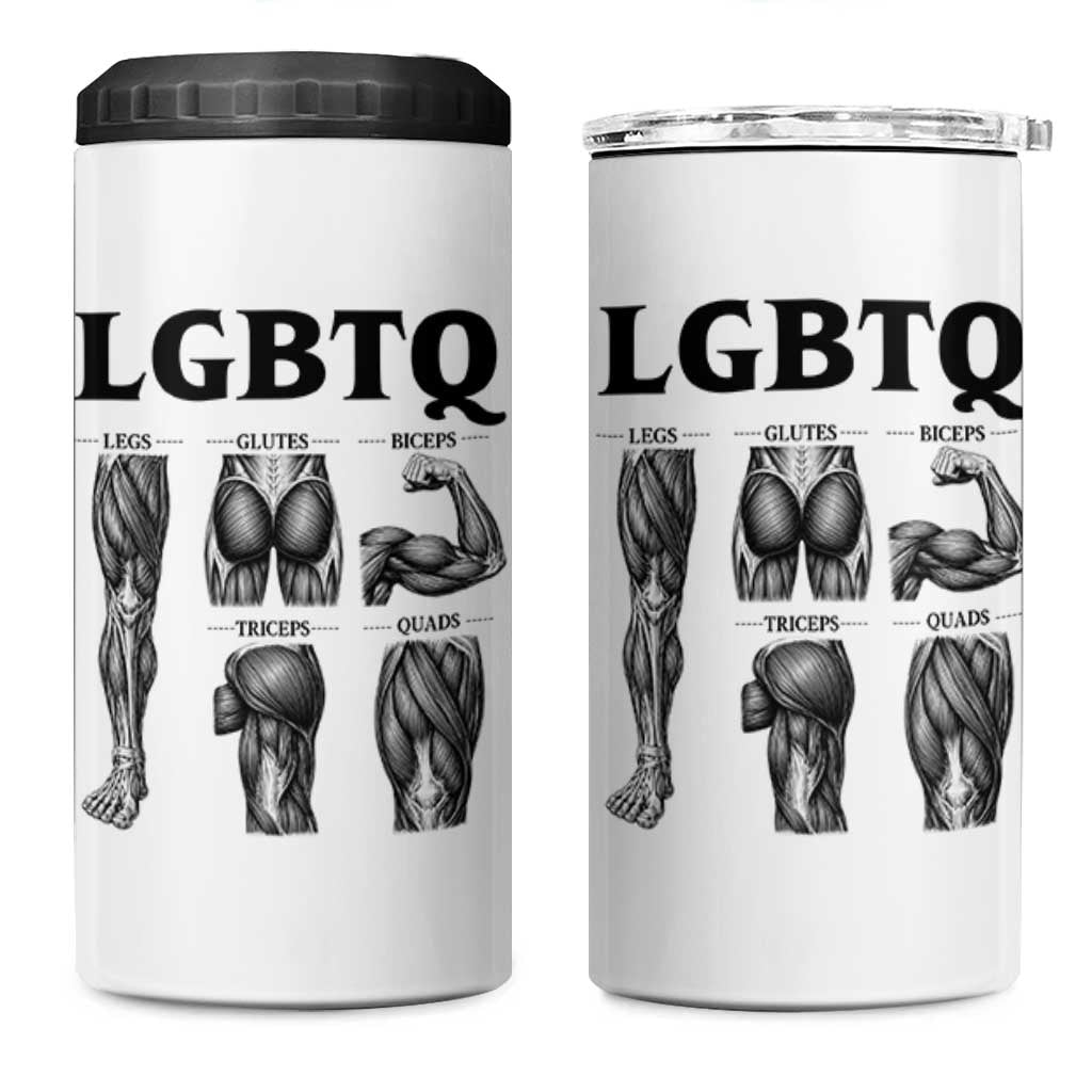 LGBTQ Acronym Funny Fitness Gym Muscle Graphic 4 in 1 Can Cooler Tumbler Legs Glutes Biceps Triceps Quads