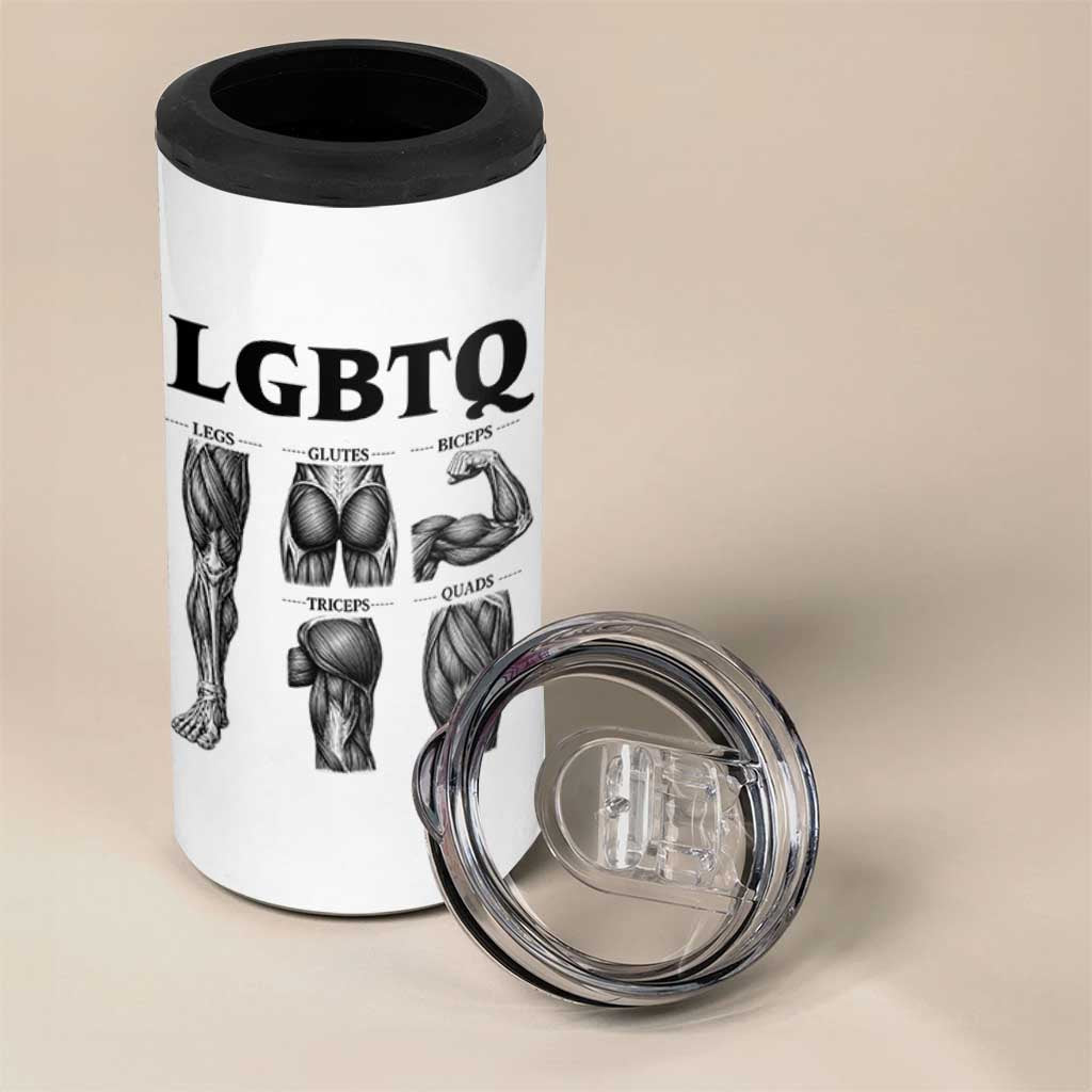 LGBTQ Acronym Funny Fitness Gym Muscle Graphic 4 in 1 Can Cooler Tumbler Legs Glutes Biceps Triceps Quads
