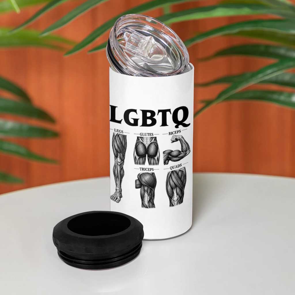 LGBTQ Acronym Funny Fitness Gym Muscle Graphic 4 in 1 Can Cooler Tumbler Legs Glutes Biceps Triceps Quads