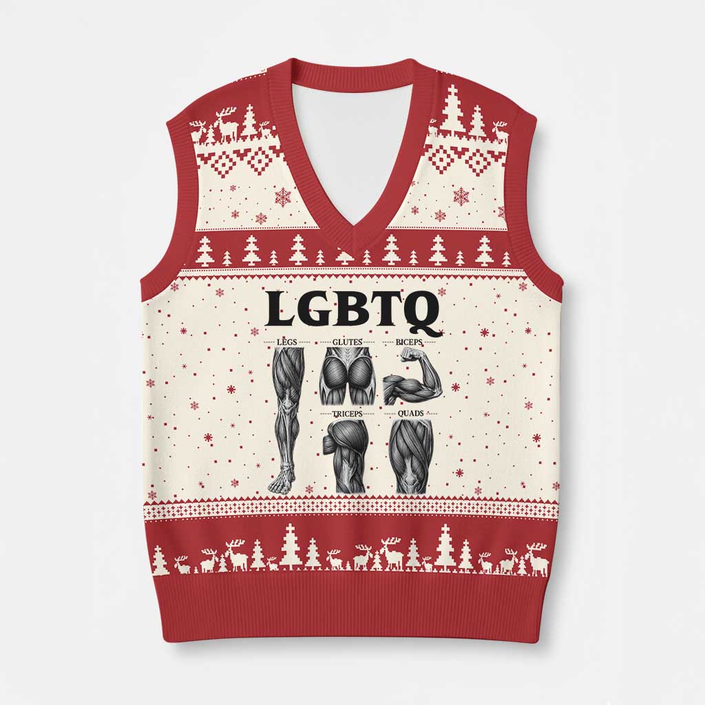 LGBTQ Acronym Funny Fitness Gym Muscle Graphic V-Neck Knit Sweater Vest Legs Glutes Biceps Triceps Quads
