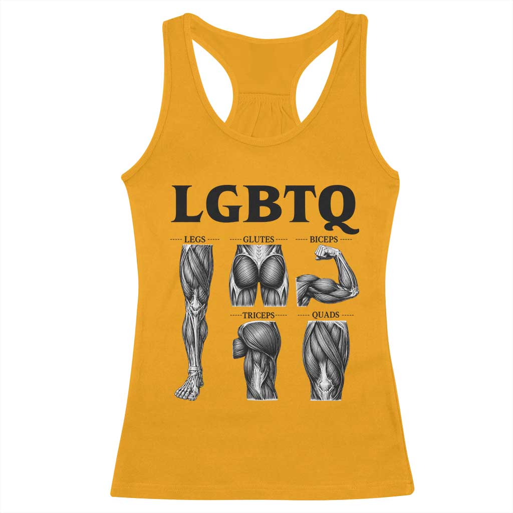 LGBTQ Acronym Funny Fitness Gym Muscle Graphic Racerback Tank Top Legs Glutes Biceps Triceps Quads