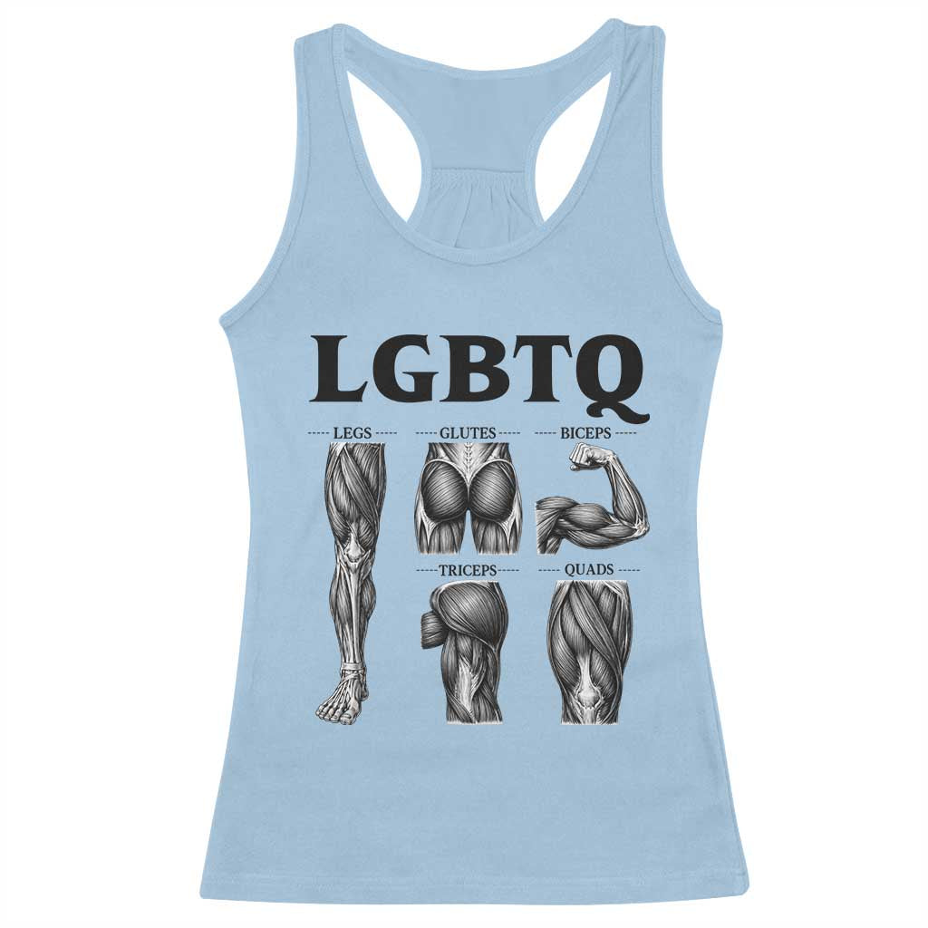 LGBTQ Acronym Funny Fitness Gym Muscle Graphic Racerback Tank Top Legs Glutes Biceps Triceps Quads