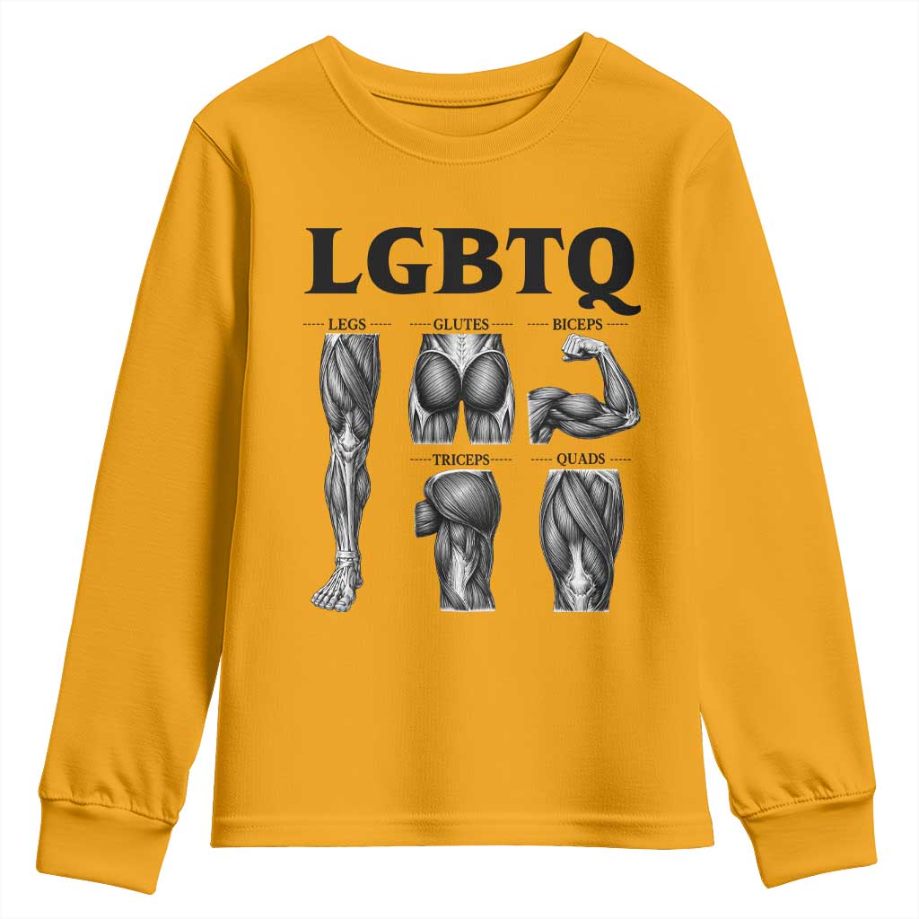 LGBTQ Acronym Funny Fitness Gym Muscle Graphic Youth Sweatshirt Legs Glutes Biceps Triceps Quads