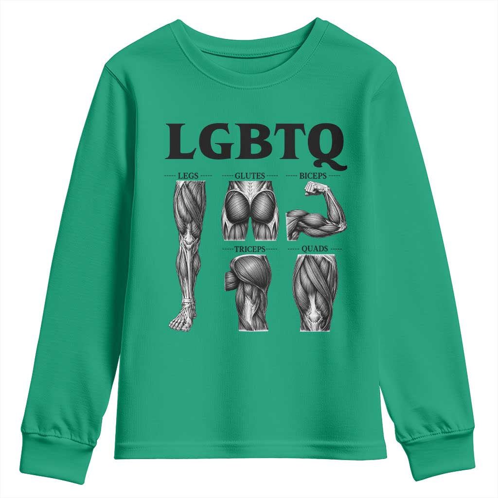 LGBTQ Acronym Funny Fitness Gym Muscle Graphic Youth Sweatshirt Legs Glutes Biceps Triceps Quads