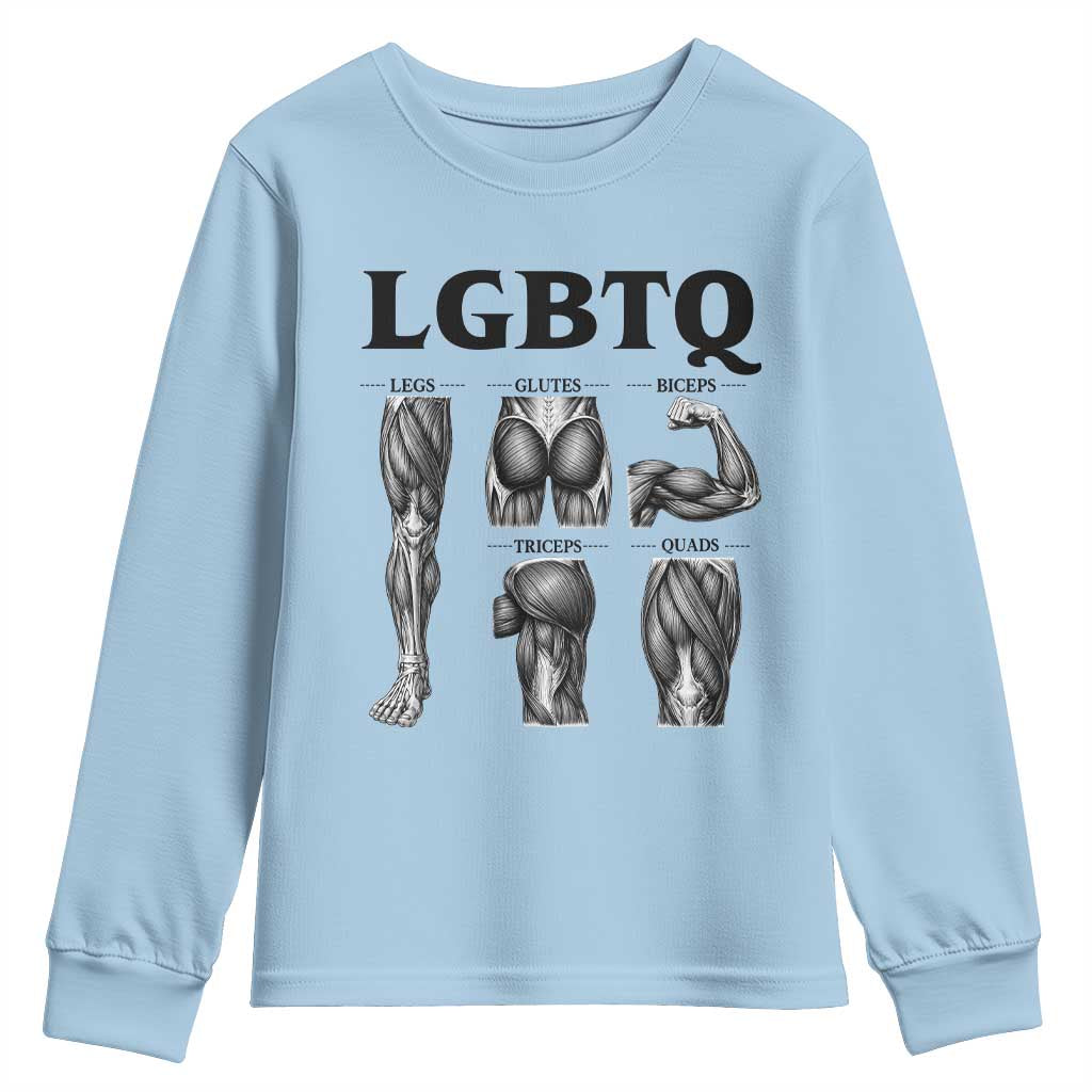 LGBTQ Acronym Funny Fitness Gym Muscle Graphic Youth Sweatshirt Legs Glutes Biceps Triceps Quads