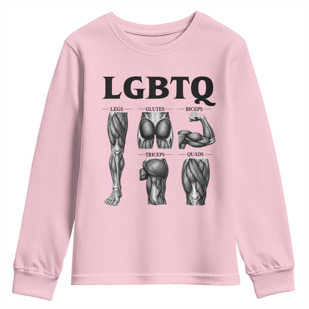 LGBTQ Acronym Funny Fitness Gym Muscle Graphic Youth Sweatshirt Legs Glutes Biceps Triceps Quads