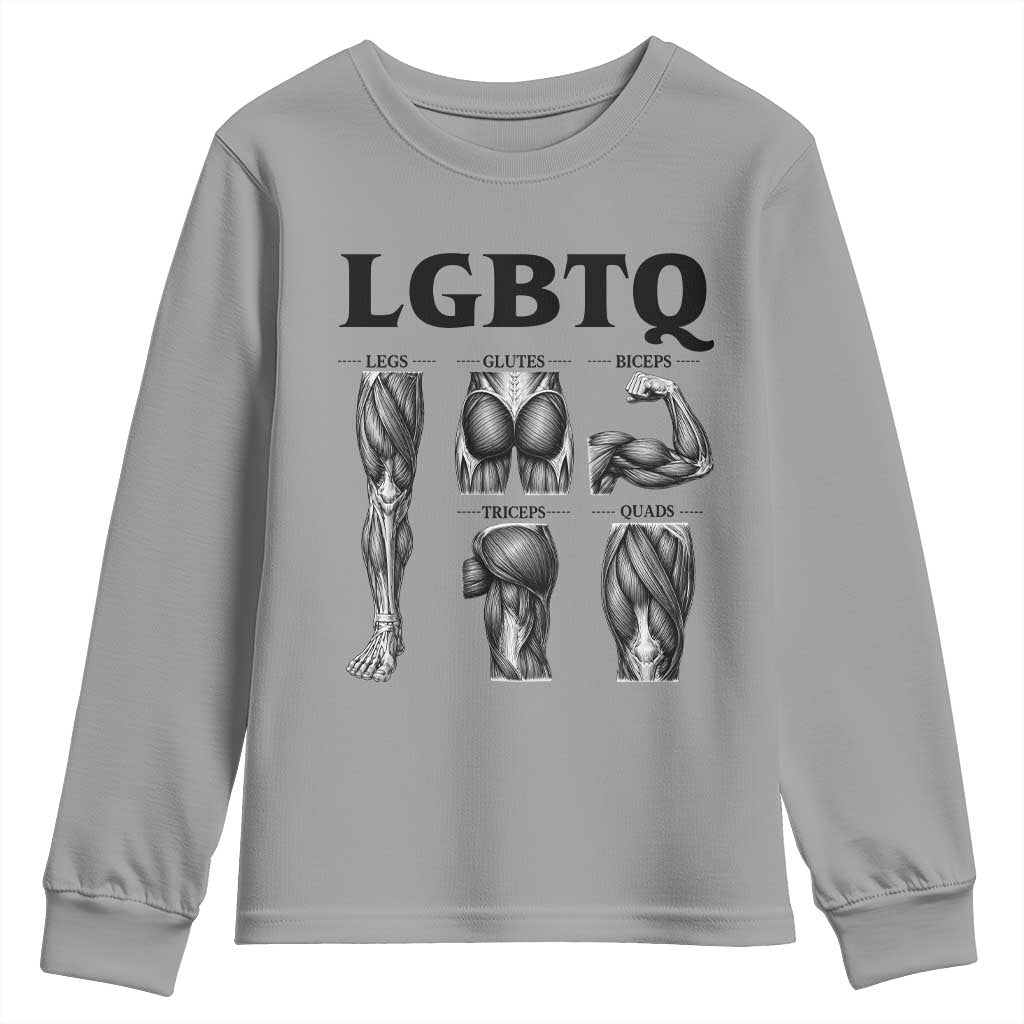 LGBTQ Acronym Funny Fitness Gym Muscle Graphic Youth Sweatshirt Legs Glutes Biceps Triceps Quads