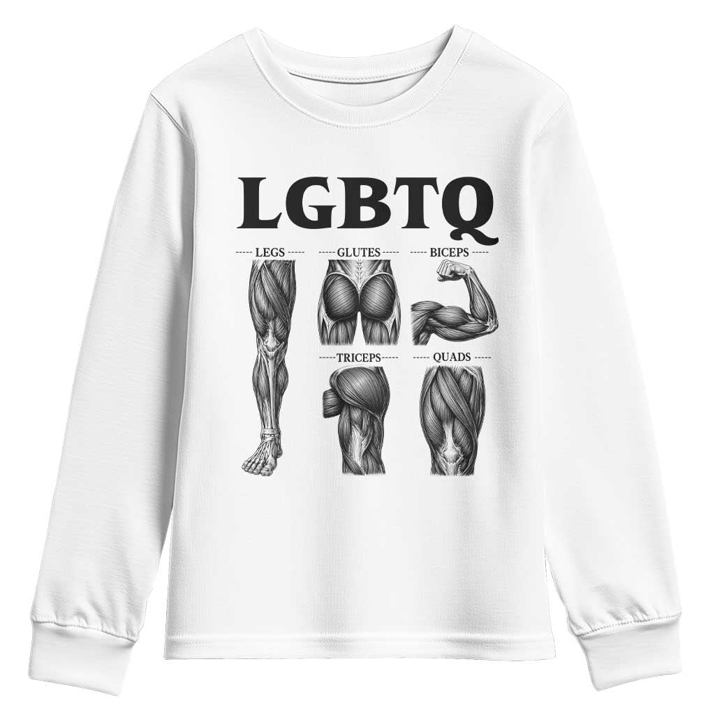 LGBTQ Acronym Funny Fitness Gym Muscle Graphic Youth Sweatshirt Legs Glutes Biceps Triceps Quads
