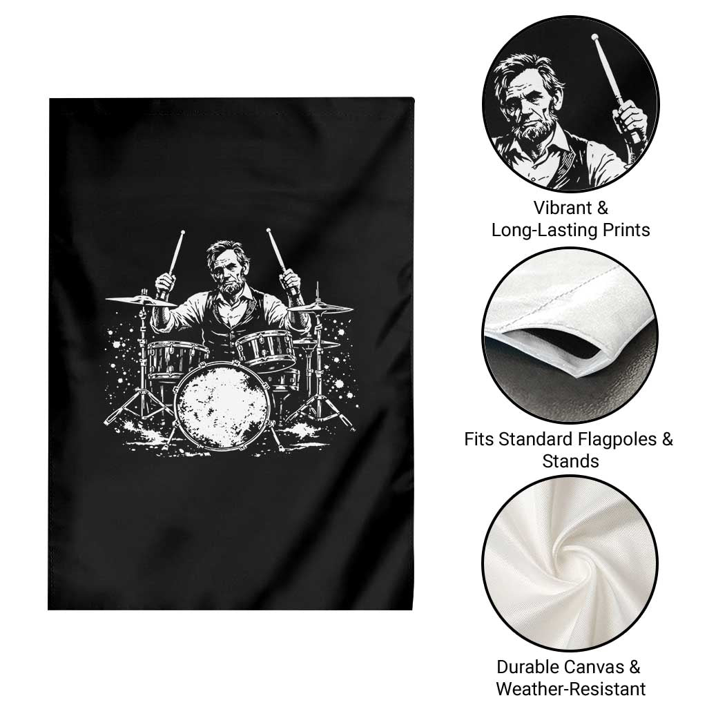 Vintage Abraham Lincoln Playing Drums Graphic Garden Flag Abe Musician Patriotic Rockstar Drummer President