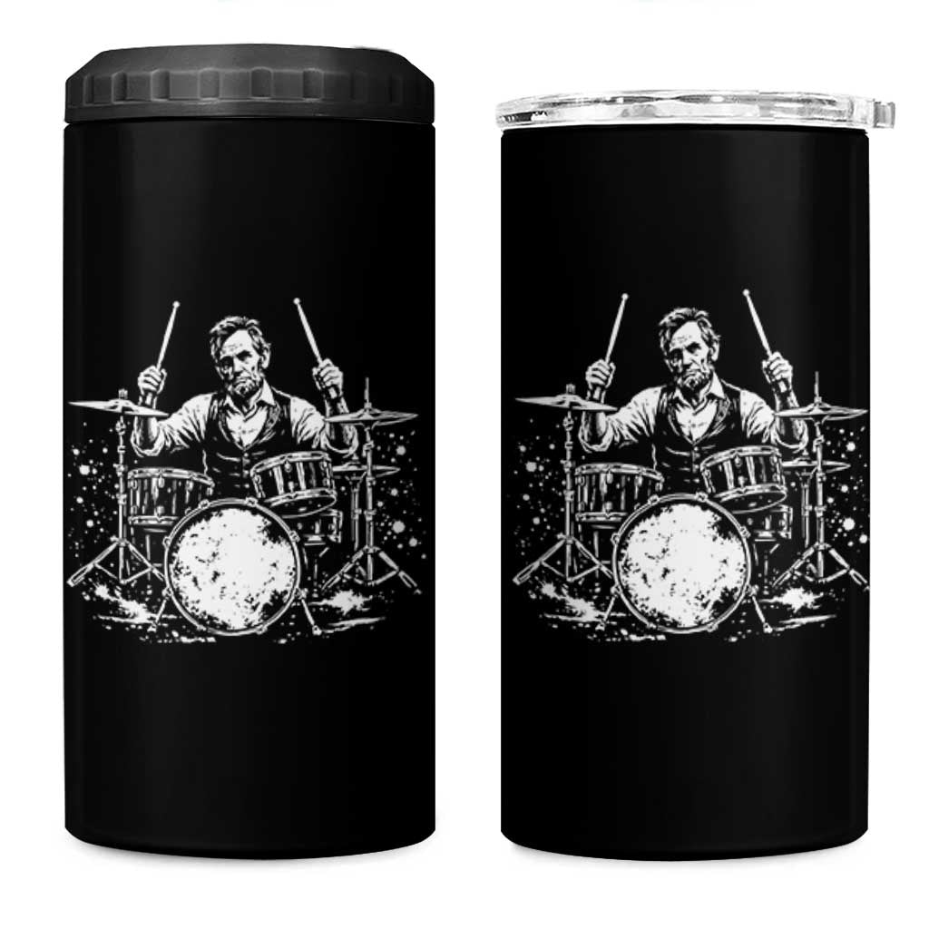 Vintage Abraham Lincoln Playing Drums Graphic 4 in 1 Can Cooler Tumbler Abe Musician Patriotic Rockstar Drummer President