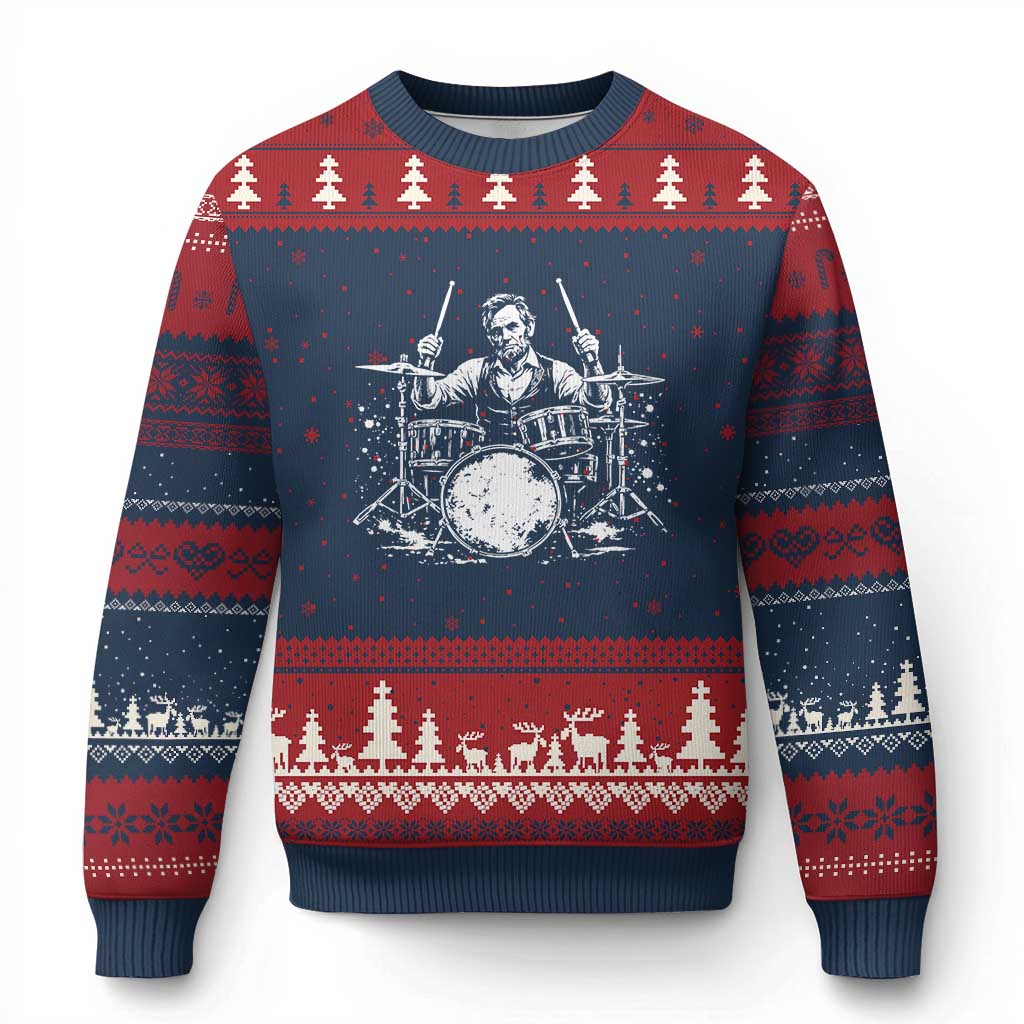 Vintage Abraham Lincoln Playing Drums Graphic Ugly Christmas Sweater Abe Musician Patriotic Rockstar Drummer President