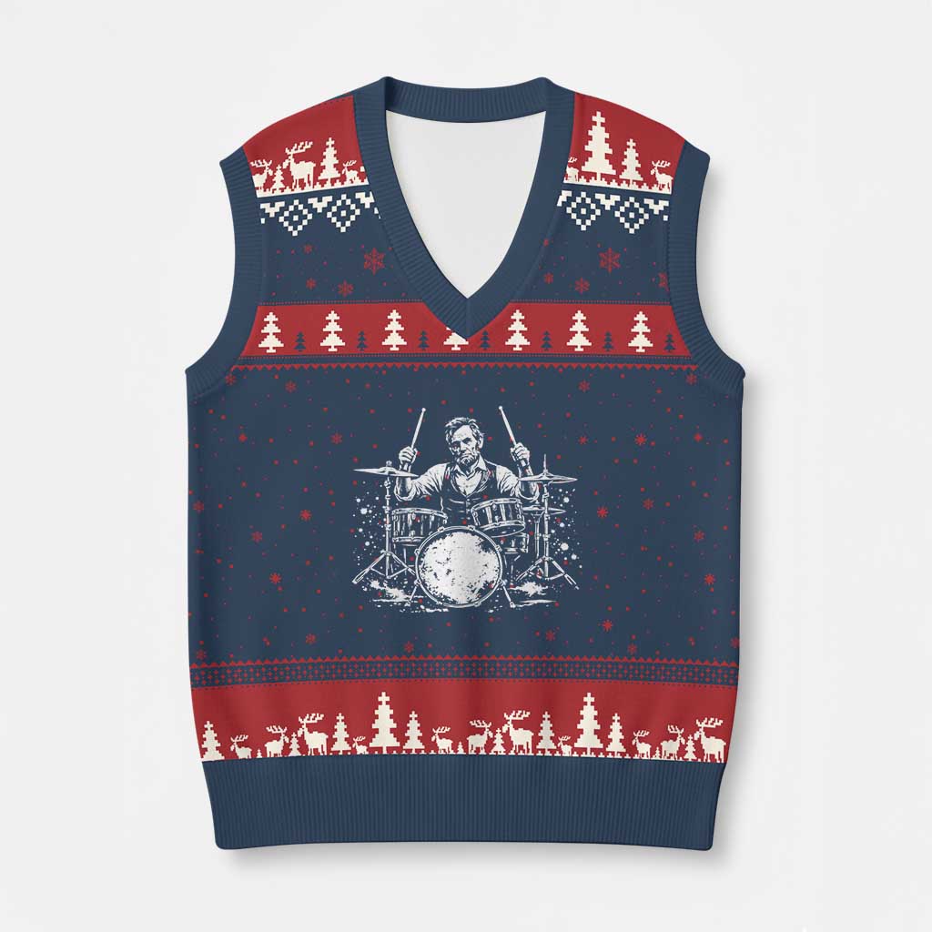 Vintage Abraham Lincoln Playing Drums Graphic V-Neck Knit Sweater Vest Abe Musician Patriotic Rockstar Drummer President