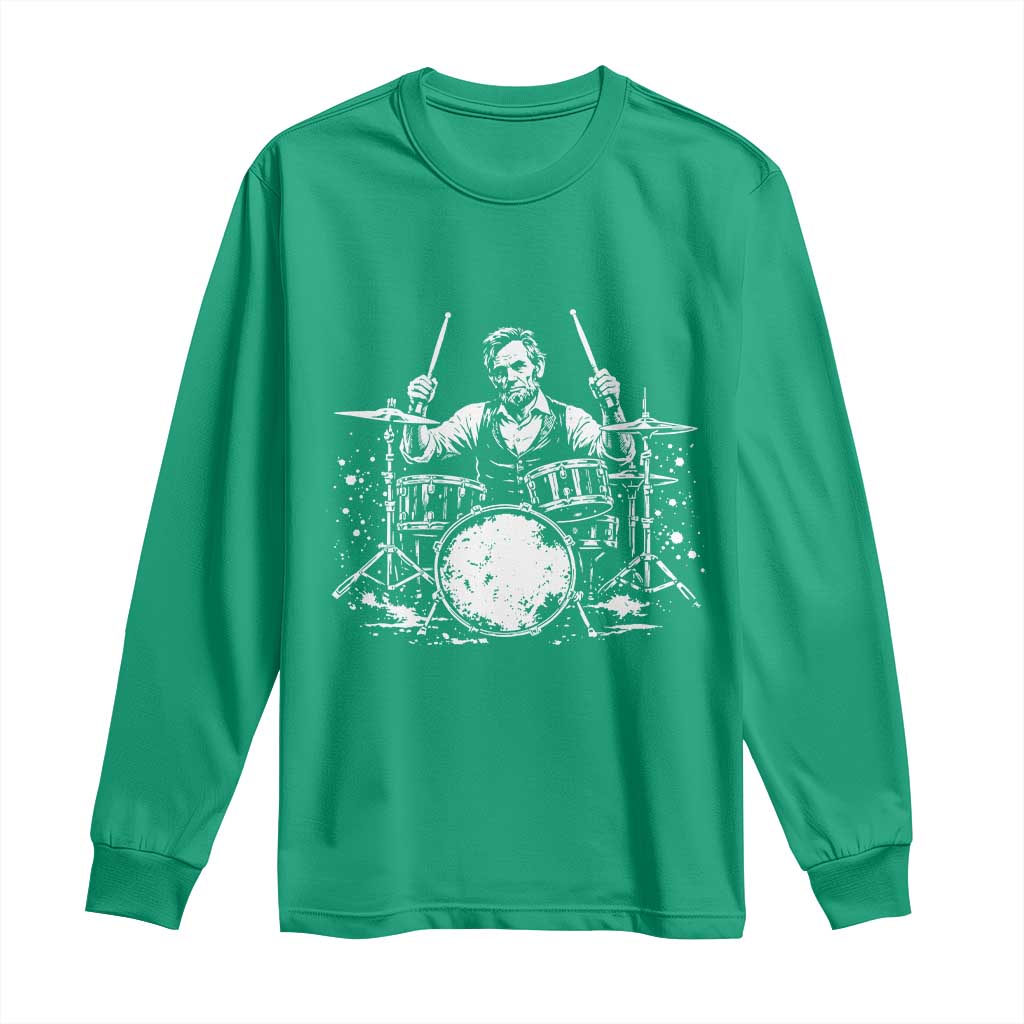 Vintage Abraham Lincoln Playing Drums Graphic Long Sleeve Shirt Abe Musician Patriotic Rockstar Drummer President