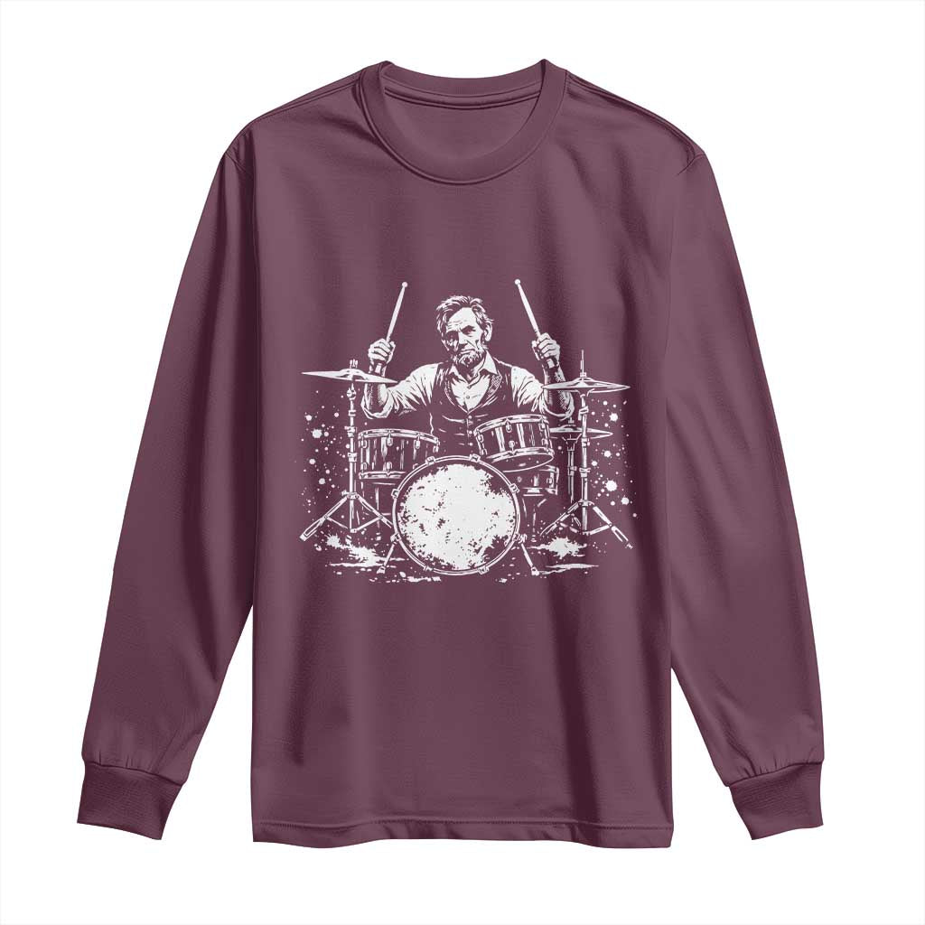 Vintage Abraham Lincoln Playing Drums Graphic Long Sleeve Shirt Abe Musician Patriotic Rockstar Drummer President