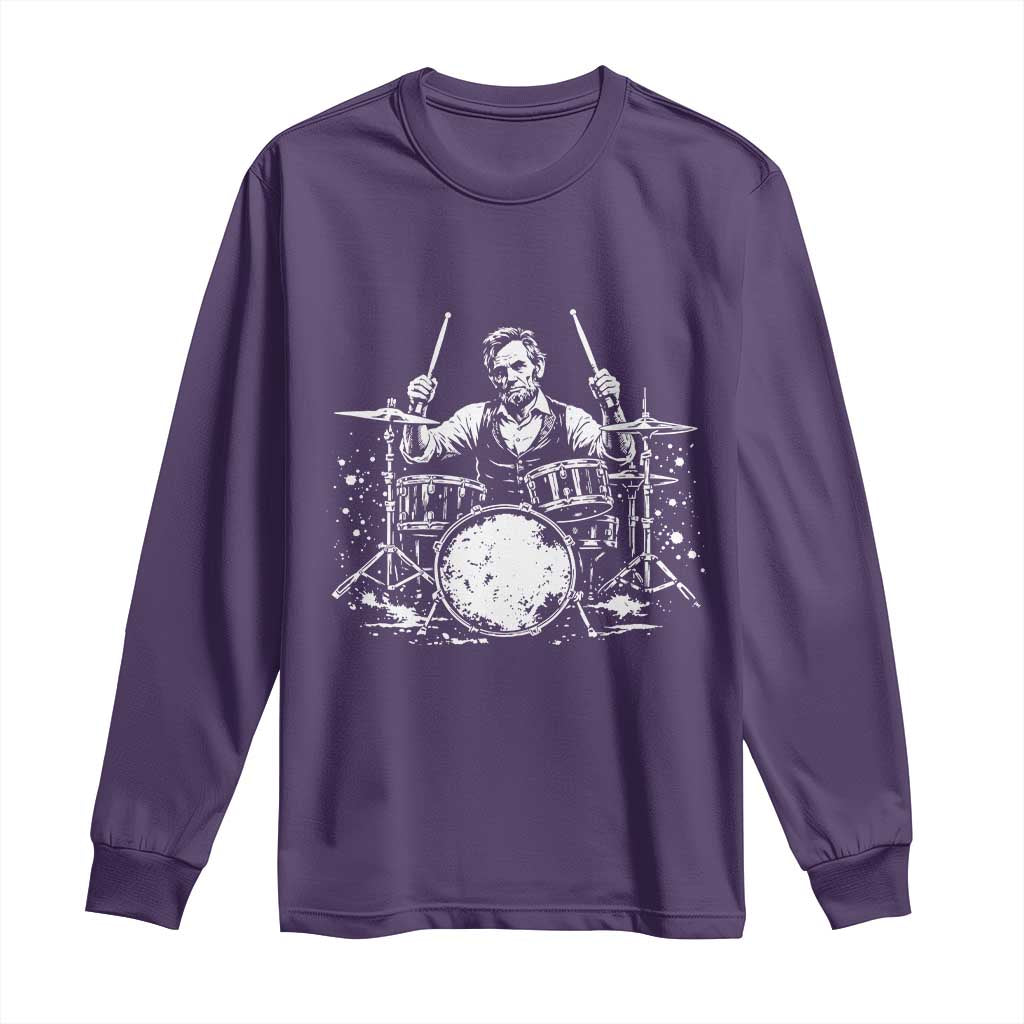 Vintage Abraham Lincoln Playing Drums Graphic Long Sleeve Shirt Abe Musician Patriotic Rockstar Drummer President