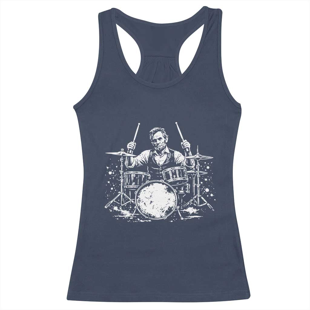 Vintage Abraham Lincoln Playing Drums Graphic Racerback Tank Top Abe Musician Patriotic Rockstar Drummer President
