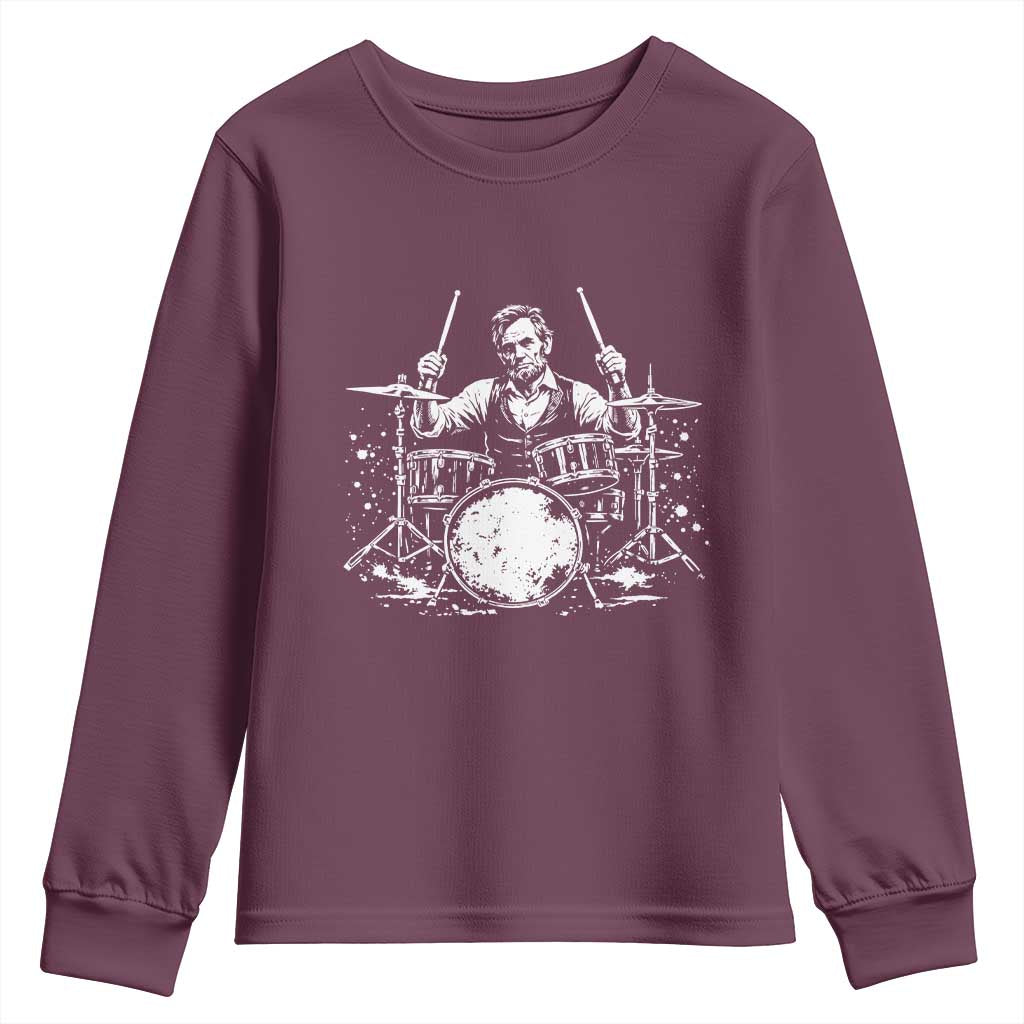 Vintage Abraham Lincoln Playing Drums Graphic Youth Sweatshirt Abe Musician Patriotic Rockstar Drummer President
