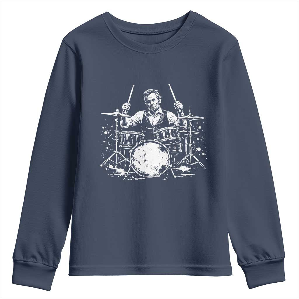 Vintage Abraham Lincoln Playing Drums Graphic Youth Sweatshirt Abe Musician Patriotic Rockstar Drummer President