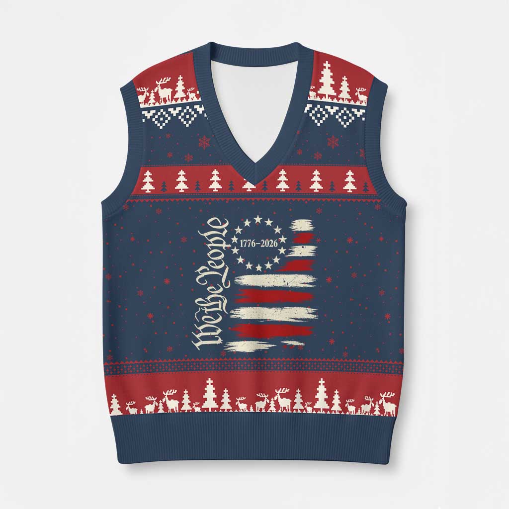 250 Years of Liberty 1776-2026 We The People V-Neck Knit Sweater Vest Distressed American Flag Patriotic Semiquincentennial 250th Anniversary