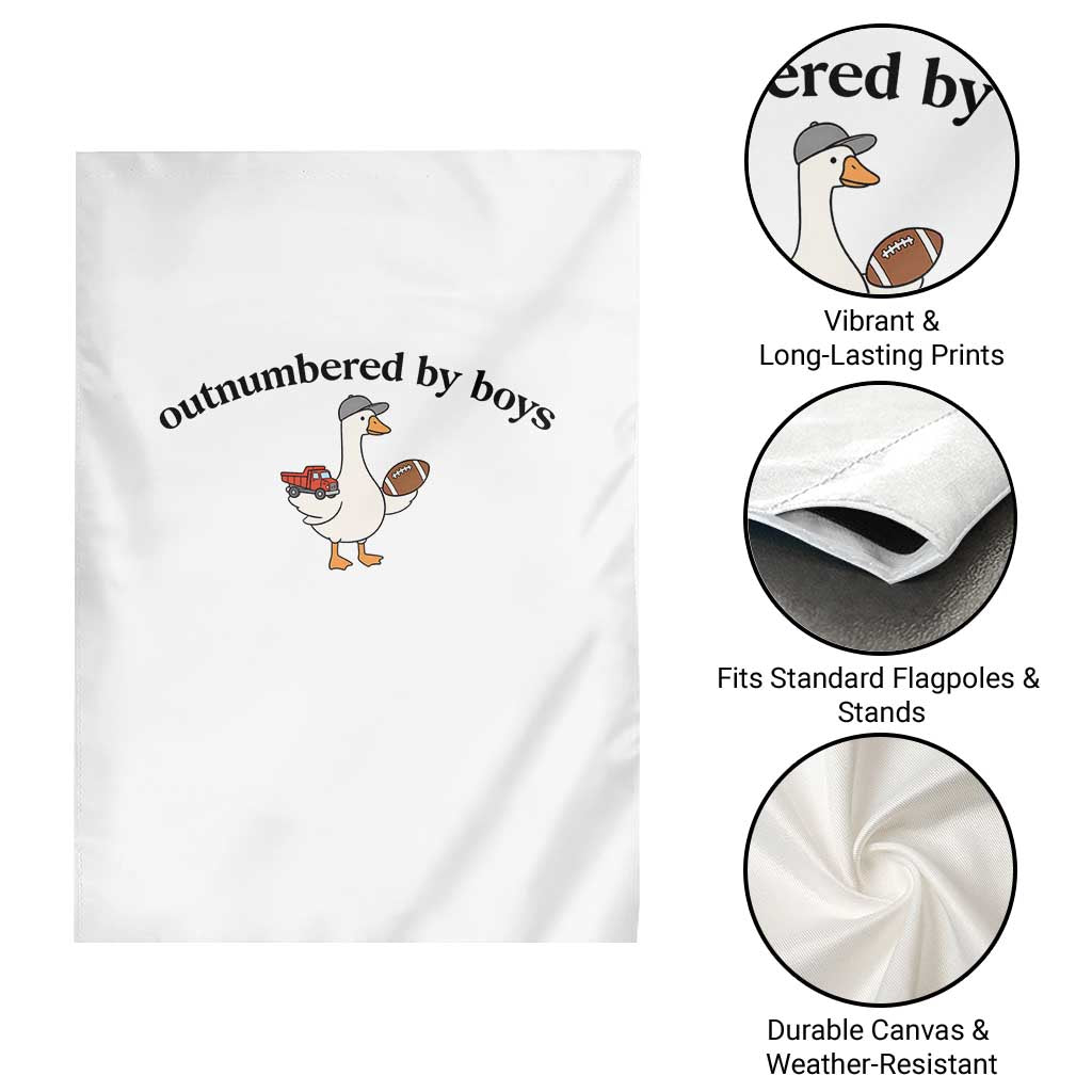Outnumbered By Boys Cute Goose Sporty Mom Garden Flag Football and Truck Motherhood Mothers Day Gag Gift