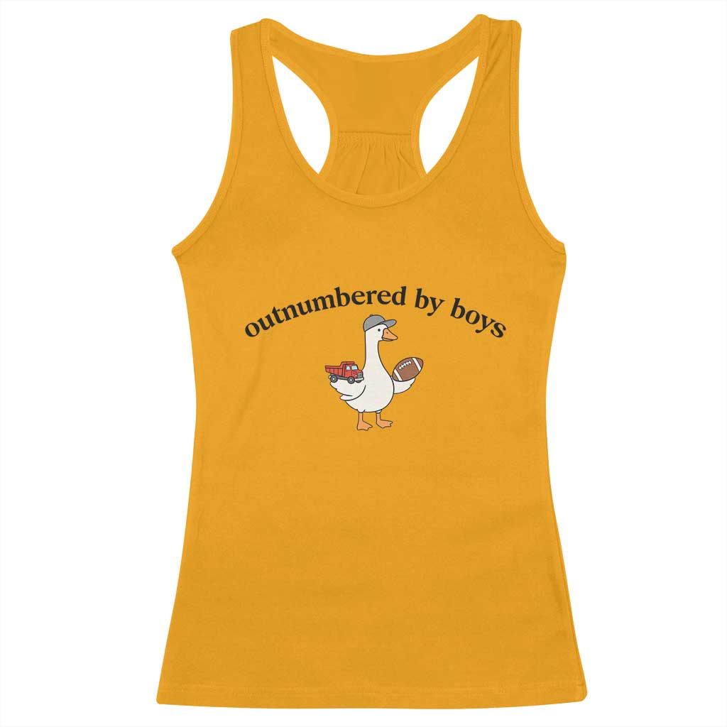 Outnumbered By Boys Cute Goose Sporty Mom Racerback Tank Top Football and Truck Motherhood Mothers Day Gag Gift