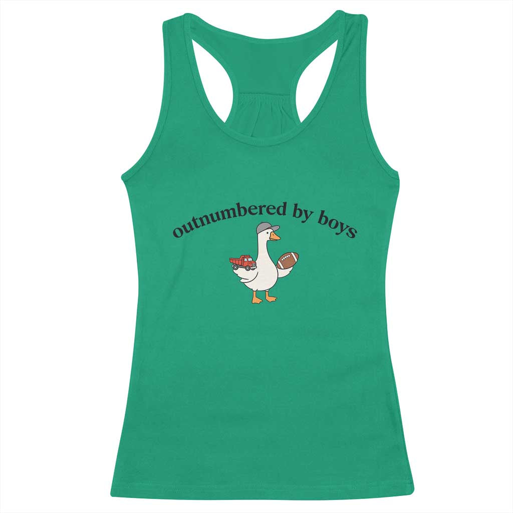 Outnumbered By Boys Cute Goose Sporty Mom Racerback Tank Top Football and Truck Motherhood Mothers Day Gag Gift
