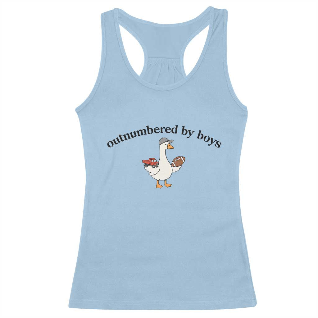 Outnumbered By Boys Cute Goose Sporty Mom Racerback Tank Top Football and Truck Motherhood Mothers Day Gag Gift