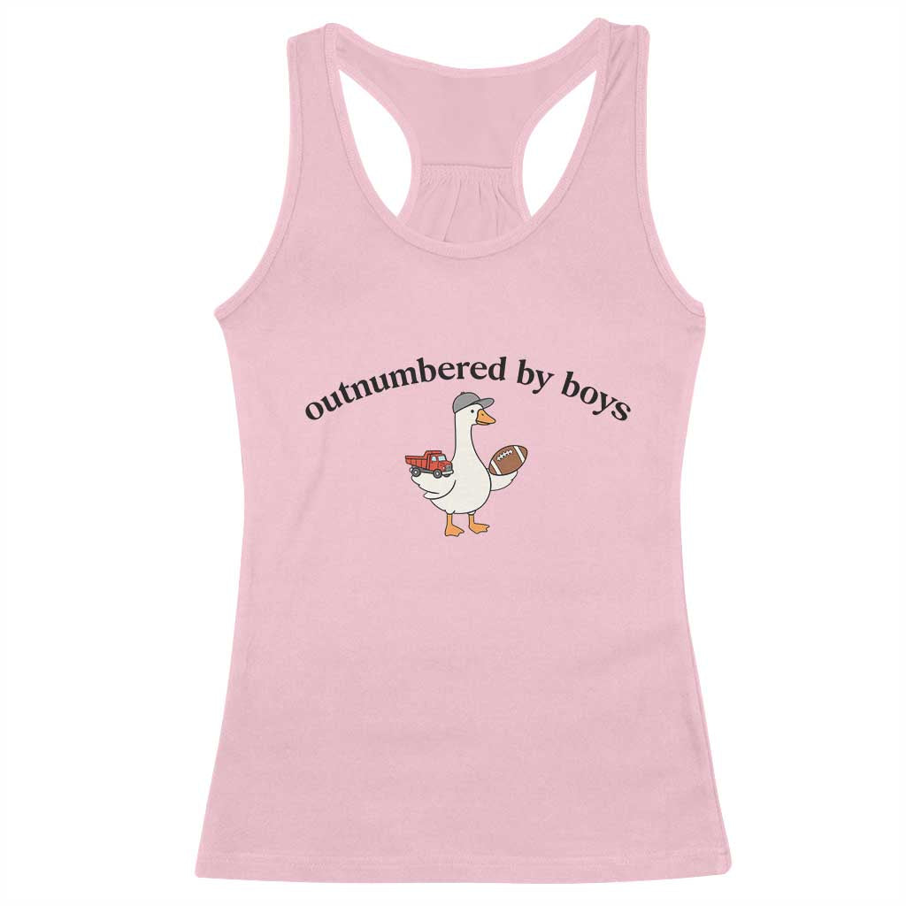 Outnumbered By Boys Cute Goose Sporty Mom Racerback Tank Top Football and Truck Motherhood Mothers Day Gag Gift