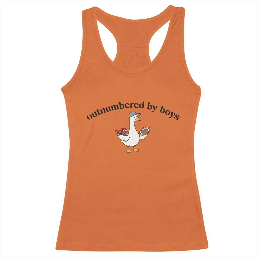 Outnumbered By Boys Cute Goose Sporty Mom Racerback Tank Top Football and Truck Motherhood Mothers Day Gag Gift