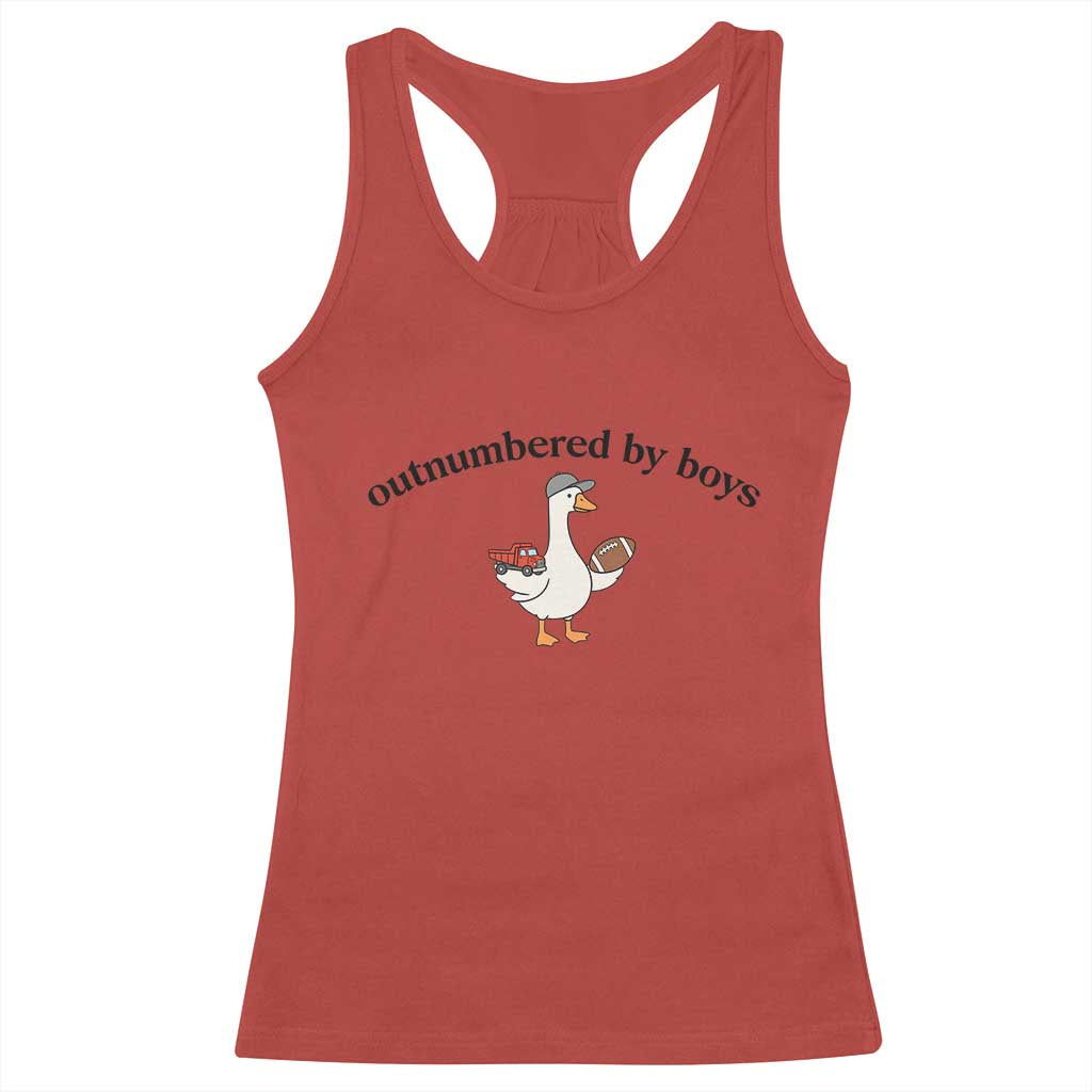 Outnumbered By Boys Cute Goose Sporty Mom Racerback Tank Top Football and Truck Motherhood Mothers Day Gag Gift