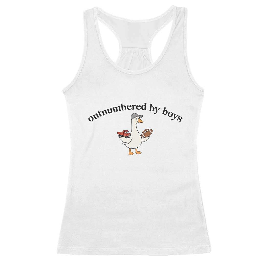 Outnumbered By Boys Cute Goose Sporty Mom Racerback Tank Top Football and Truck Motherhood Mothers Day Gag Gift