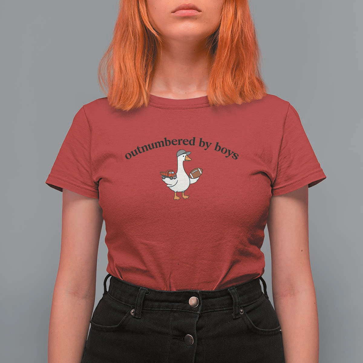 Outnumbered By Boys Cute Goose Sporty Mom T Shirt For Women Football and Truck Motherhood Mothers Day Gag Gift