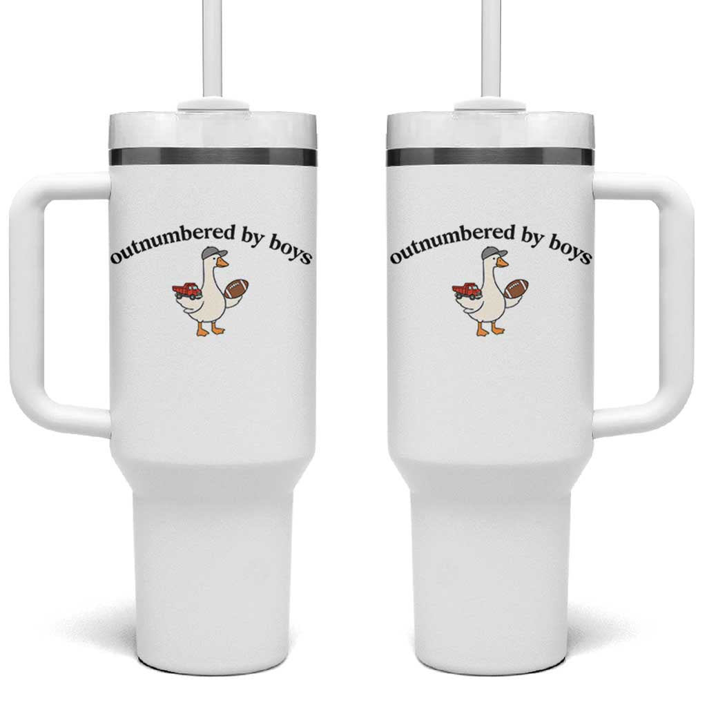 Outnumbered By Boys Cute Goose Sporty Mom Tumbler With Handle Football and Truck Motherhood Mothers Day Gag Gift