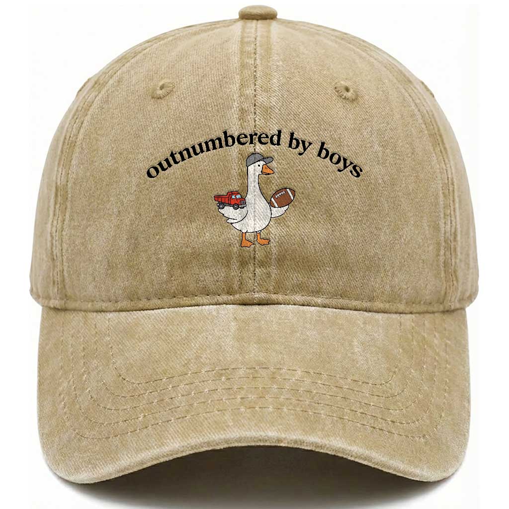 Outnumbered By Boys Cute Goose Sporty Mom Washed Cotton Baseball Cap Football and Truck Motherhood Mothers Day Gag Gift