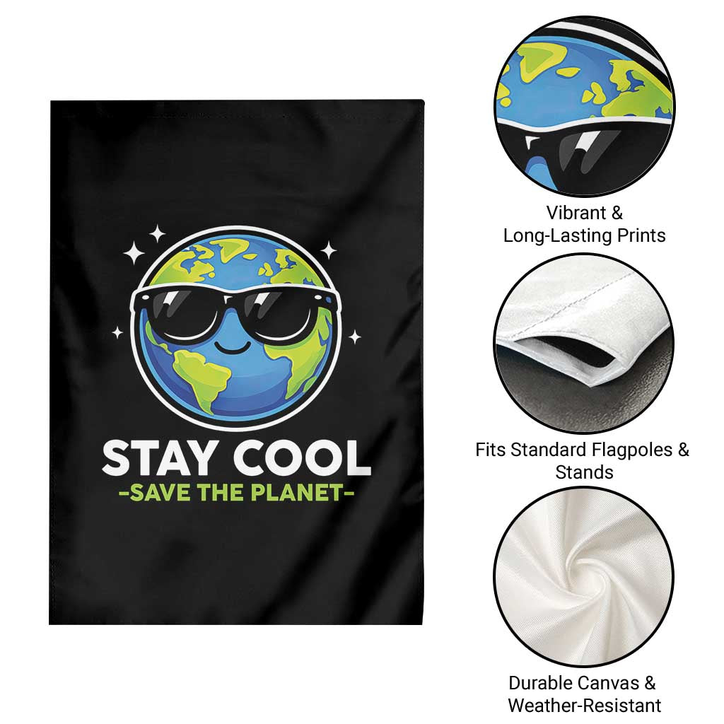 Stay Cool Save The Planet Eco-Friendly Earth Day Garden Flag Cute Cartoon Globe with Sunglasses for Environmental Awareness