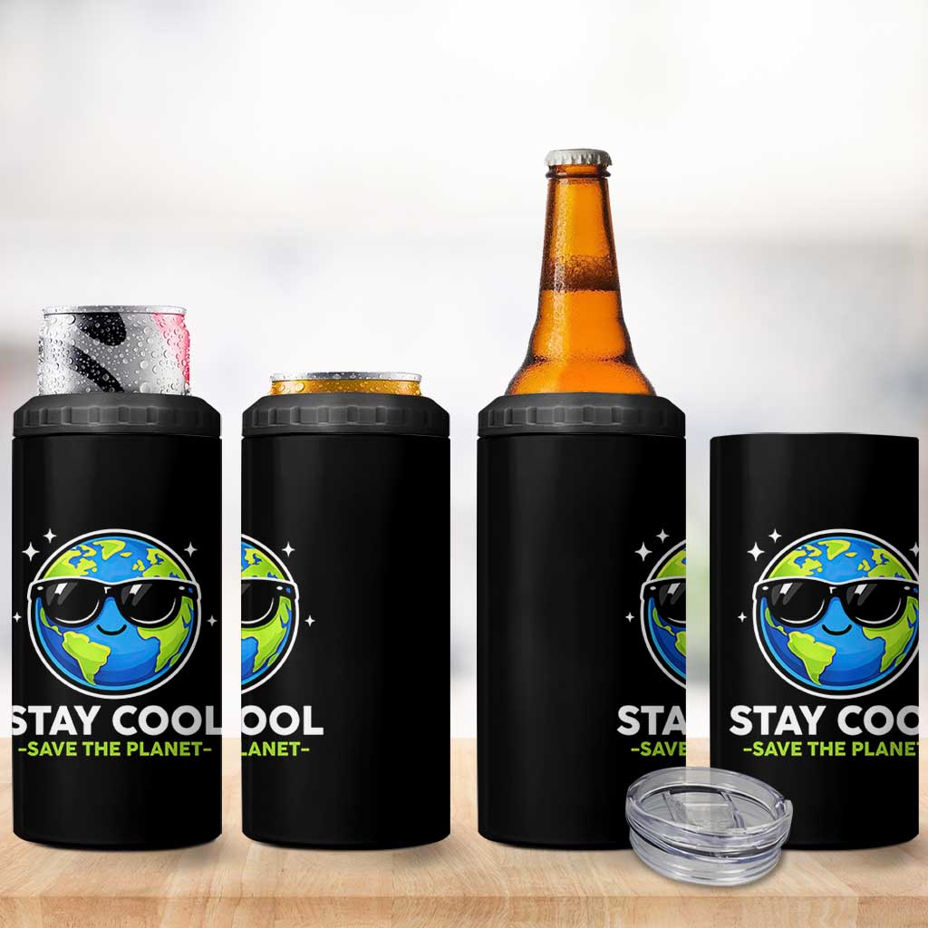 Stay Cool Save The Planet Eco-Friendly Earth Day 4 in 1 Can Cooler Tumbler Cute Cartoon Globe with Sunglasses for Environmental Awareness